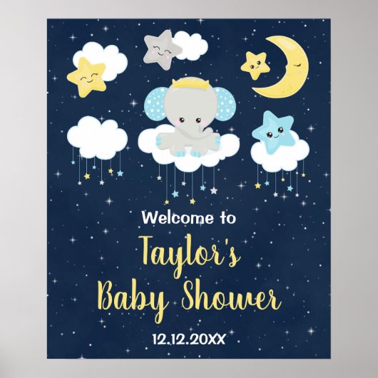 Elephant Yellow and Navy Baby shower Welcome Sign Poster (Voorkant)