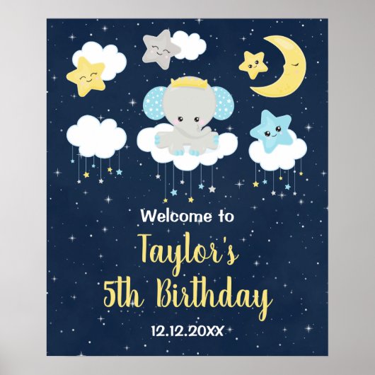 Elephant Yellow and Navy Birthday Party Welcome Poster (Voorkant)