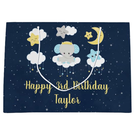 Elephant Yellow and Navy Happy Birthday Groot Cadeauzakje (Voorkant)