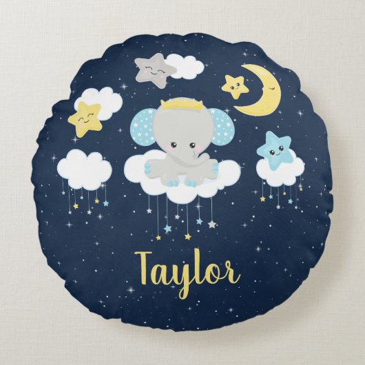 Elephant Yellow and Navy Rond Kussen (Voorkant)