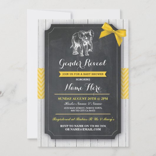 Elephant Yellow Baby shower Party Lemon Bow Invite Kaart (Voorkant)