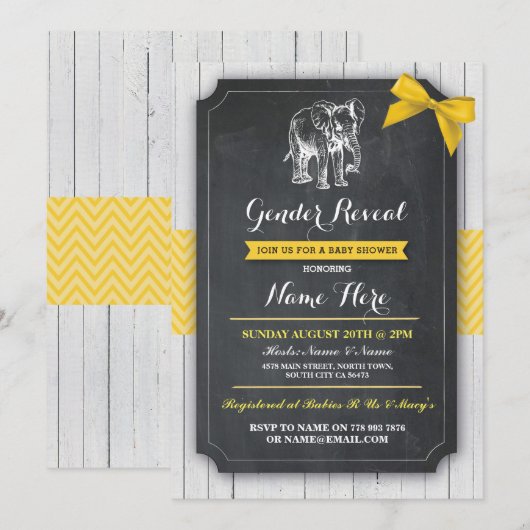 Elephant Yellow Baby shower Party Lemon Bow Invite Kaart (Voorkant / Achterkant)