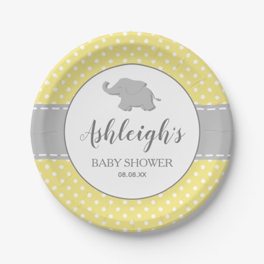 Elephant Yellow Grey Polka Dot Baby shower Papieren Bordje (Voorkant)