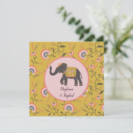 Elephant  Yellow Pattern Indian Wedding Kaart (Staand voorkant)