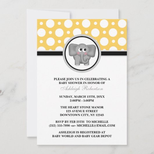 Elephant Yellow Polka Dot Baby Shower Invitations Kaart (Voorkant)