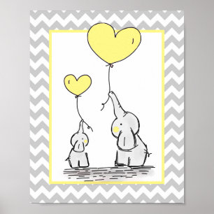 Elephant Yellow White Gray Chevron Baby Nursery Poster