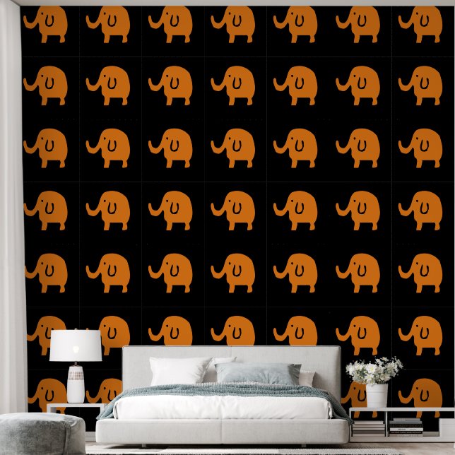 Elephants Baby Animal Patterns Cute Orange Black Behang (Slaapkamer)
