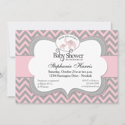 Elephants Baby shower in Chevron Pink Kaart (Voorkant)