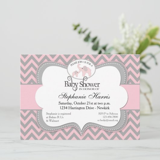 Elephants Baby shower in Chevron Pink Kaart (Staand voorkant)
