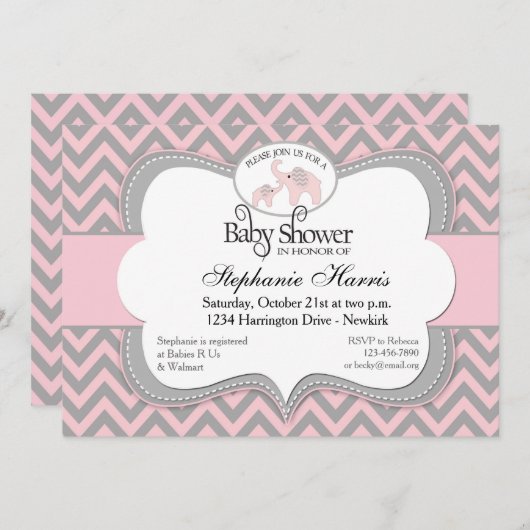 Elephants Baby shower in Chevron Pink Kaart (Voorkant / Achterkant)