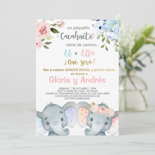 Elephants gender onthullen uitnodiging, Spaans. Kaart (Staand voorkant)
