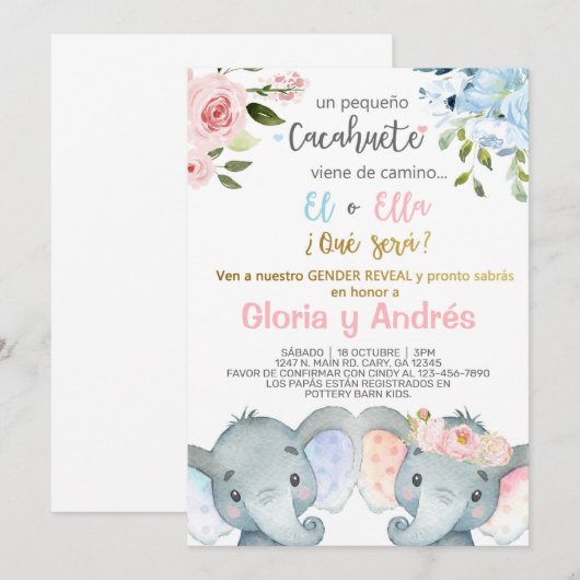 Elephants gender onthullen uitnodiging, Spaans. Kaart (Voorkant / Achterkant)