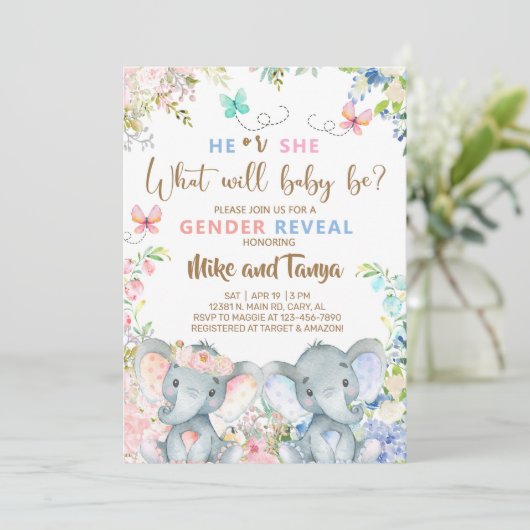 Elephants gender onthult de uitnodiging, roze blau kaart (Staand voorkant)