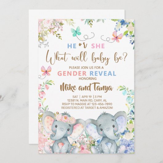 Elephants gender onthult de uitnodiging, roze blau kaart (Voorkant / Achterkant)