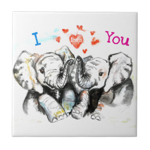 Elephants Hug I Love You Waterverf Ceramic Tegel Tegeltje