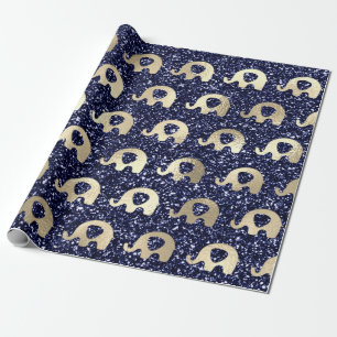 Elephants Metallic Glitter Gold Blue Navy Baby Boy Cadeaupapier