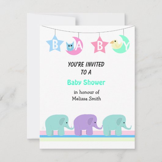 Elephants Moon and Stars Baby shower Invitation Kaart (Voorkant)