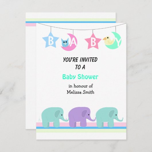 Elephants Moon and Stars Baby shower Invitation Kaart (Voorkant / Achterkant)