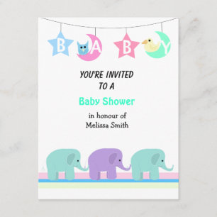 Elephants Moon and Stars Baby shower Invitation Kaart