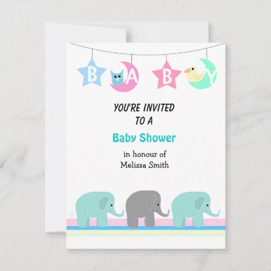 Elephants Moon and Stars Baby shower Invitation Kaart (Voorkant)