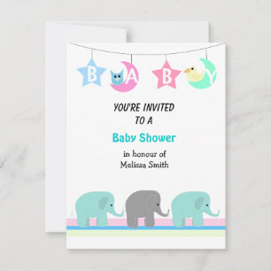 Elephants Moon and Stars Baby shower Invitation Kaart