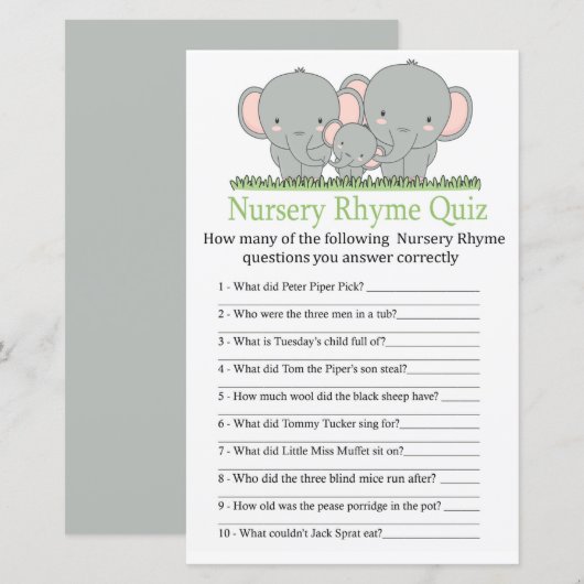 Elephants Nursery Rhyme Quiz baby shower game (Voorkant / Achterkant)