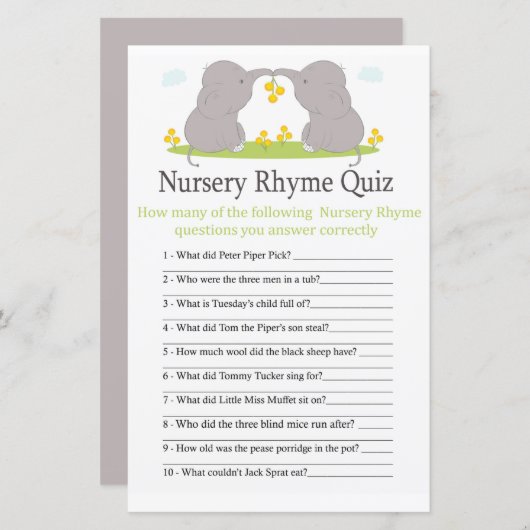 Elephants Nursery Rhyme Quiz baby shower game (Voorkant / Achterkant)
