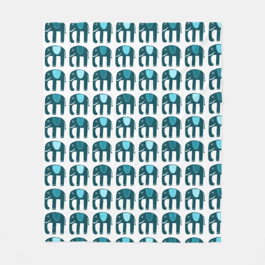 Elephants Pattern Blue Fleece Deken (Voorkant)