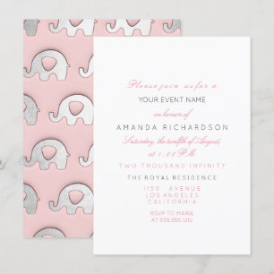 Elephants Pink Grey Birthday Baby shower White Kaart