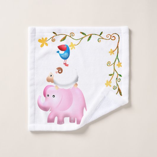 Elephants, Sheep & Bird Animal Tower Bad Handdoek (Wasdoekje)
