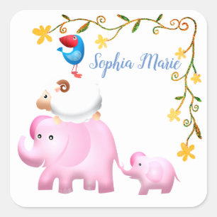 Elephants, Sheep & Bird Animal Tower Vierkante Sticker