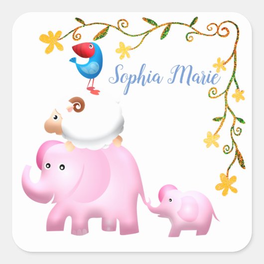 Elephants, Sheep & Bird Animal Tower Vierkante Sticker (Voorkant)