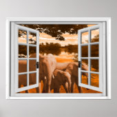 Elephants Sunset Uitzicht Trompe l'oeil Fake Windo Poster (Voorkant)