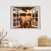 Elephants Sunset Uitzicht Trompe l'oeil Fake Windo Poster (Keuken)