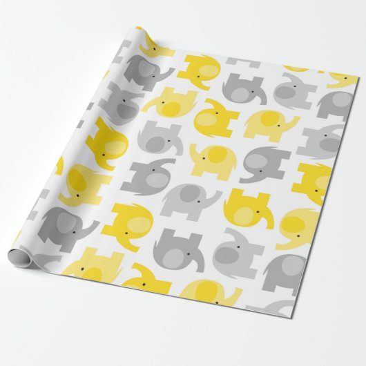 Elephants voor Cute Yellow en Grey Baby Wrapping P Cadeaupapier (Uitgerold)