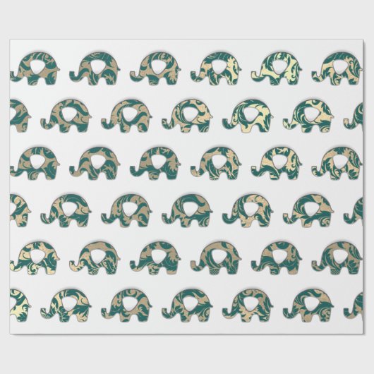 Elephants White Oriental Blauwgroen Champaigne Gol Cadeaupapier (Vlak)
