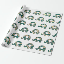 Elephants White Oriental Blauwgroen Champaigne Gol Cadeaupapier