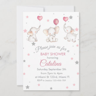 Elephants with Baloons Girl Baby Shower Invitation Kaart