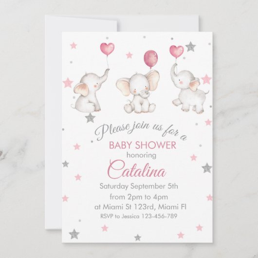 Elephants with Baloons Girl Baby Shower Invitation Kaart (Voorkant)