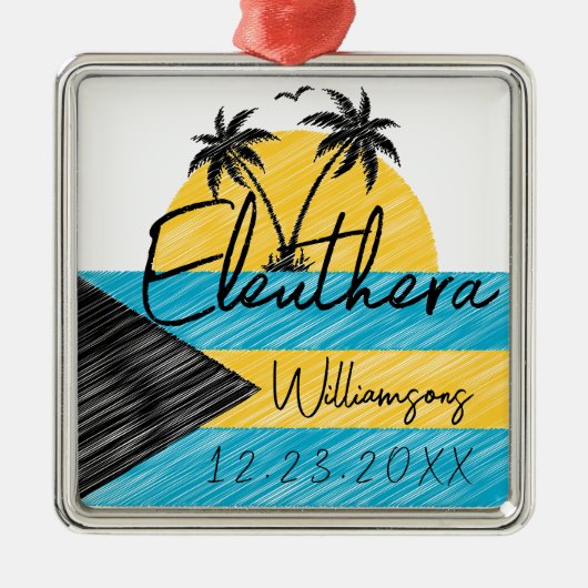 Eleuthera Bahamas Vlag Palmboom Zonsondergang Souv Metalen Ornament (Voorkant)