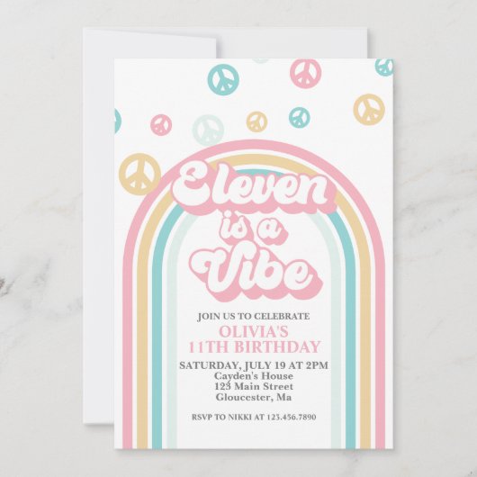 Eleven is a Vibe Retro Zomer Regenboog Uitnodiging (Voorkant)