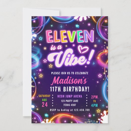 Eleven is een Vibe 11 Retro Neon Glow Girl Verjaar Kaart (Voorkant)