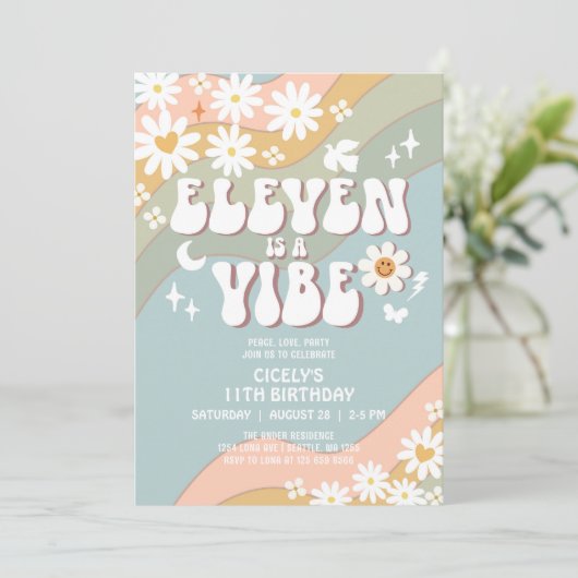 ELEVEN is een Vibe Daisy Hippie 70s Retro Verjaard Kaart (Staand voorkant)
