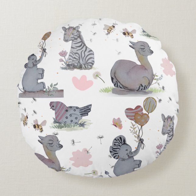 "Eleze Elephant & Polka Hen" Boganhues Deken Rond Kussen (Voorkant)