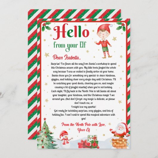 Elf Arrival Letter Hello From Your Elf Elf Notes Kaart (Voorkant / Achterkant)