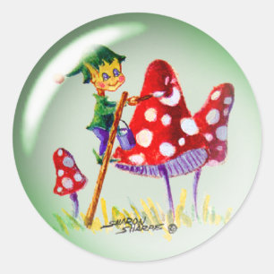 ELF BUBBLE EN MUSHROOMS DOOR SHARON SHARPE RONDE STICKER