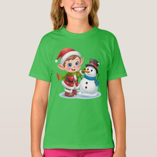 Elf Building Snowman – Fun Kids Christmas Tee T-shirt (Voorkant)