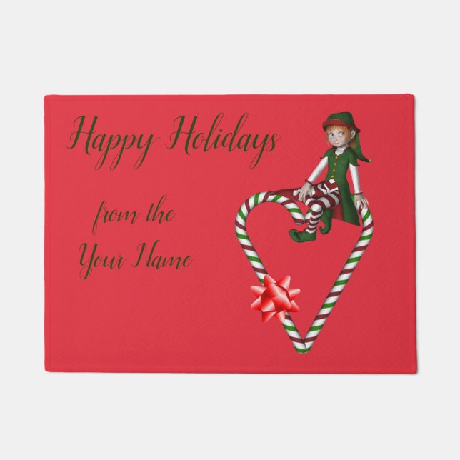 Elf Candy Cane Heart Cute Kerstvakantie Deurmat (Voorkant)