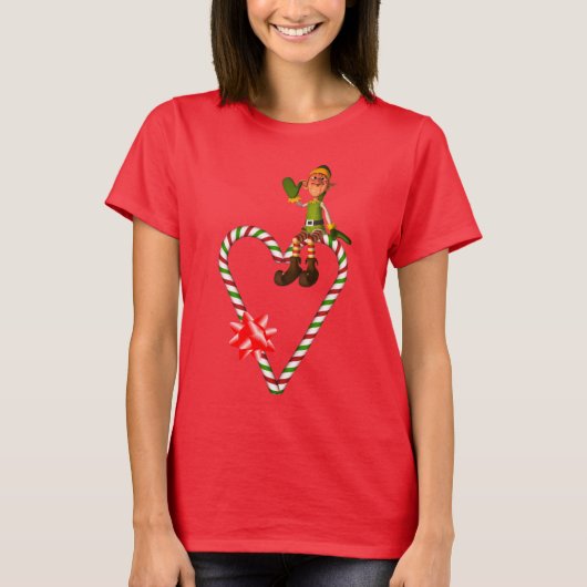 Elf Candy Cane Heart Cute Kerstvakantie T-shirt (Voorkant)