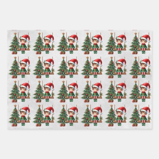 Elf Christmas Branches Kinder Inpakpapier Vel (Voorkant 3)